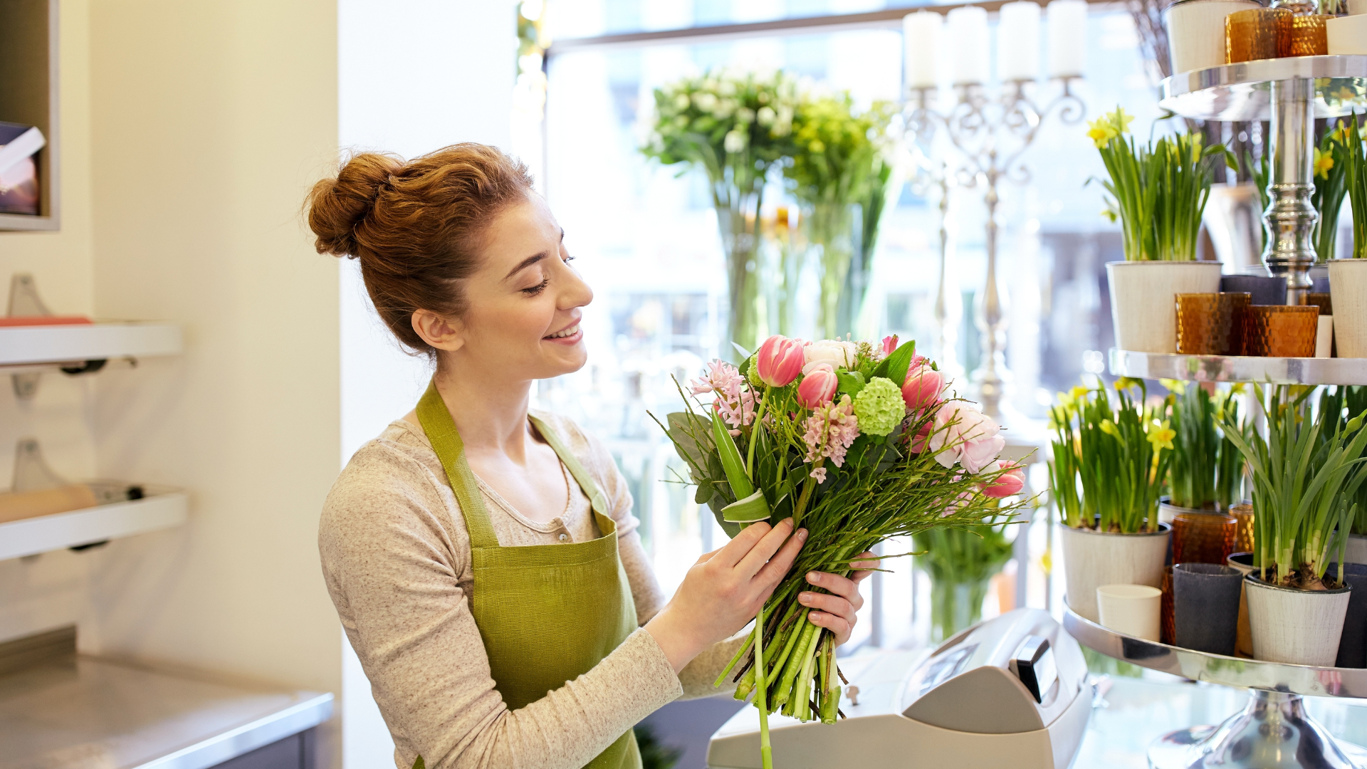 Florist preparing flowers